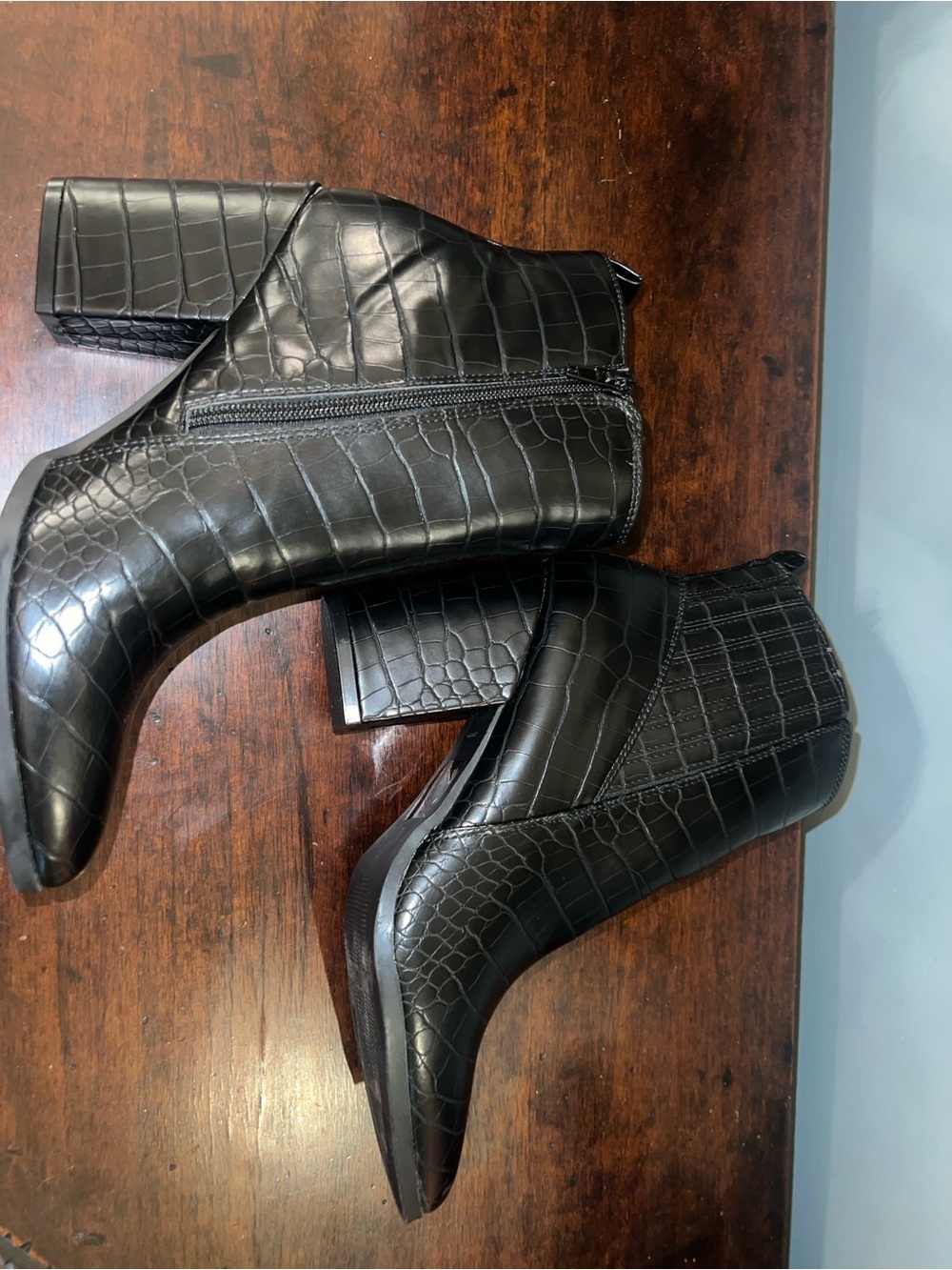 Black Croc-Embossed Pointed Toe Ankle Boots - Women - Picture 5 of 5